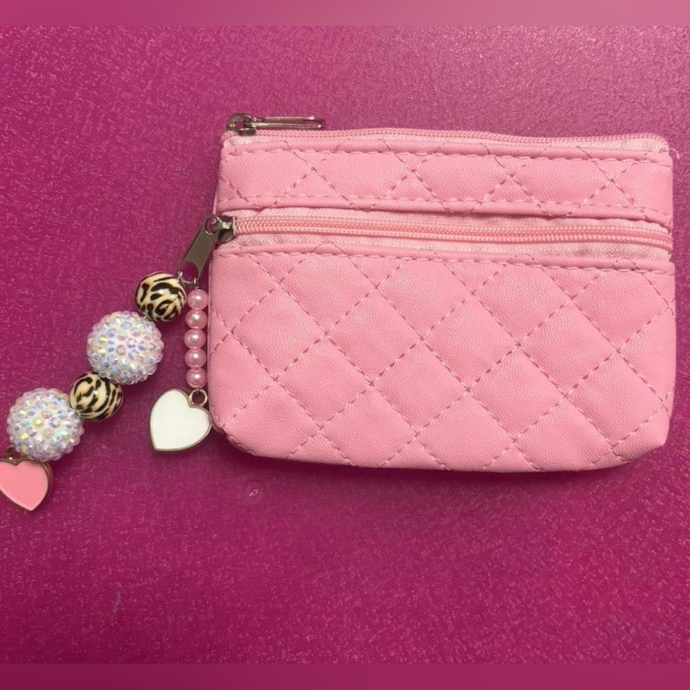 Quilted Pink Mini Zip Pouch with Heart Charm